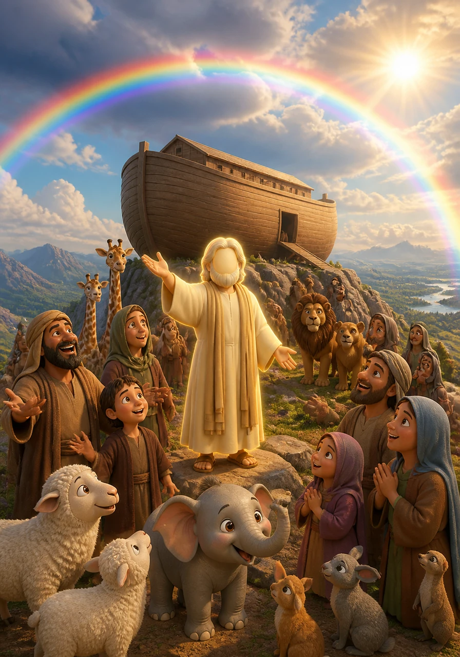 Finally, the rain stopped and the sun broke through the clouds, revealing a magnificent rainbow stretching across the horizon. The ark came to a gentle rest on a high mountain peak, signaling that the earth was ready for a fresh start.