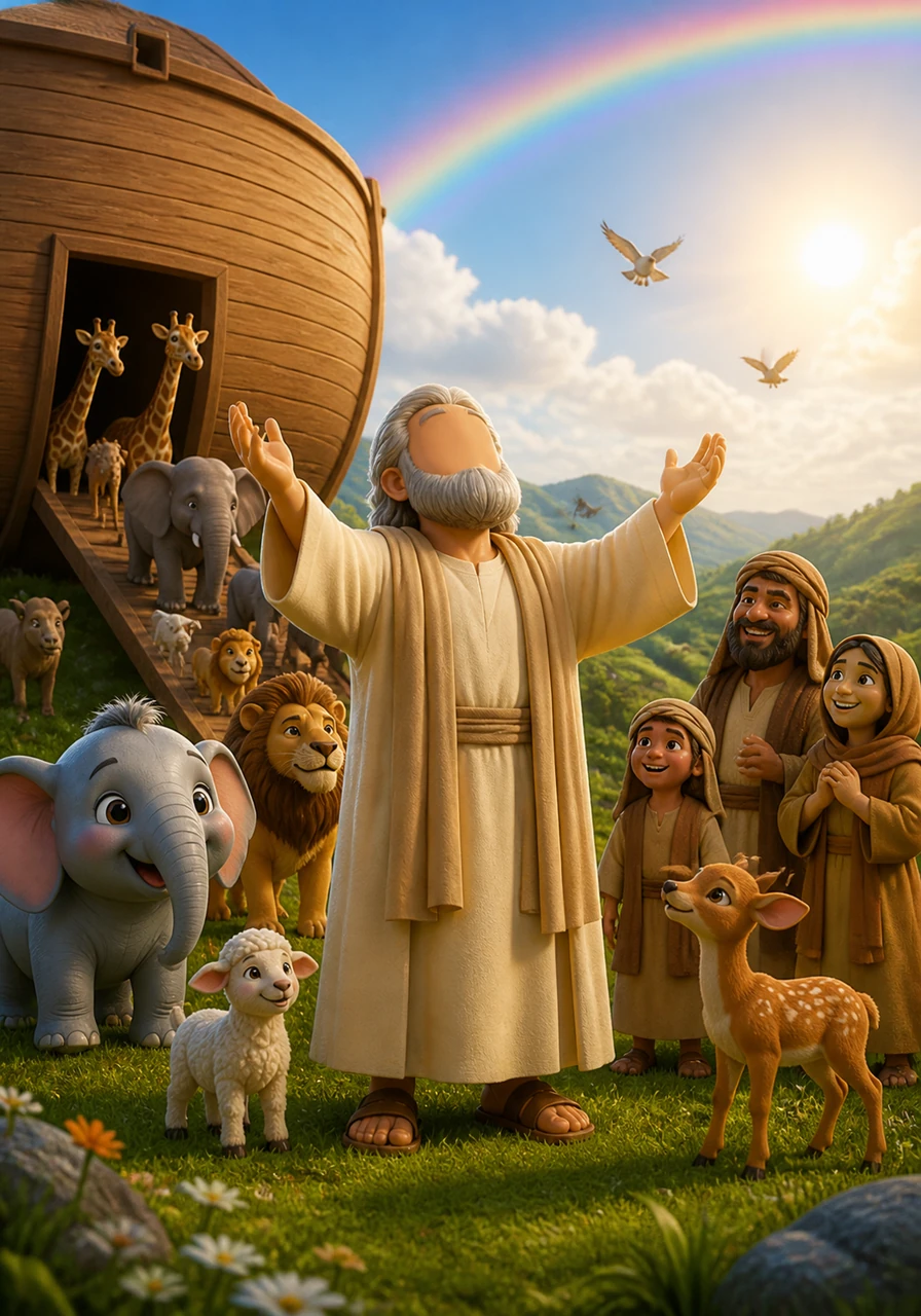 As the animals stepped out onto the lush green land, Nuh looked up at the sky with a heart full of gratitude. He had shown that with patience and faith, even the biggest storms can be weathered, leading to a bright and beautiful new beginning.