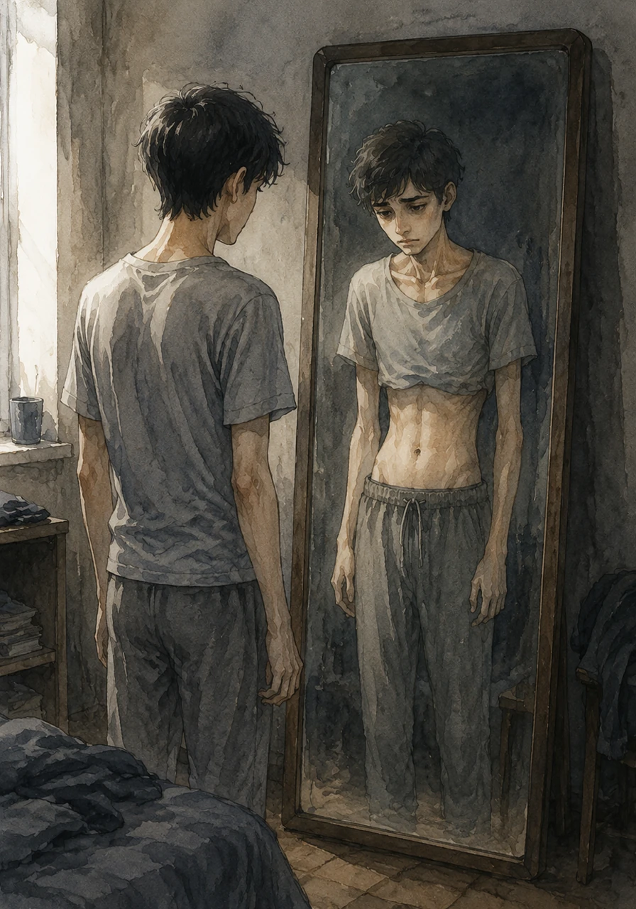 Back at home, Aryan stands before a tall, dimly lit mirror, staring at his forty-eight-kilogram reflection with deep dissatisfaction. He sighs heavily, feeling a profound sense of hopelessness about his appearance and the lack of strength he feels both inside and out.