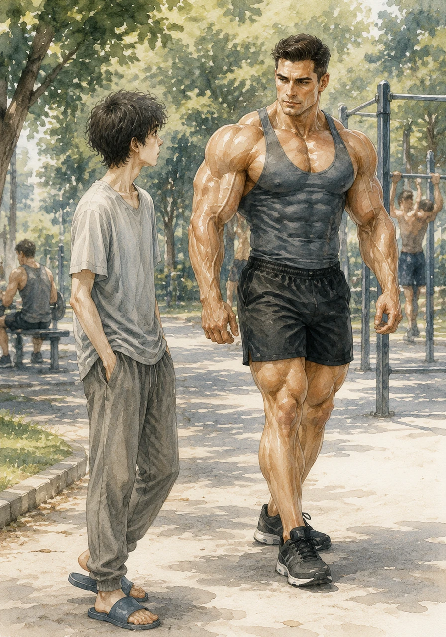 While walking past a local park, Aryan stops to watch a powerful bodybuilder training with intense focus and discipline. The man notices Aryan’s lingering, envious gaze and walks over, his physical presence commanding yet his expression surprisingly kind.
