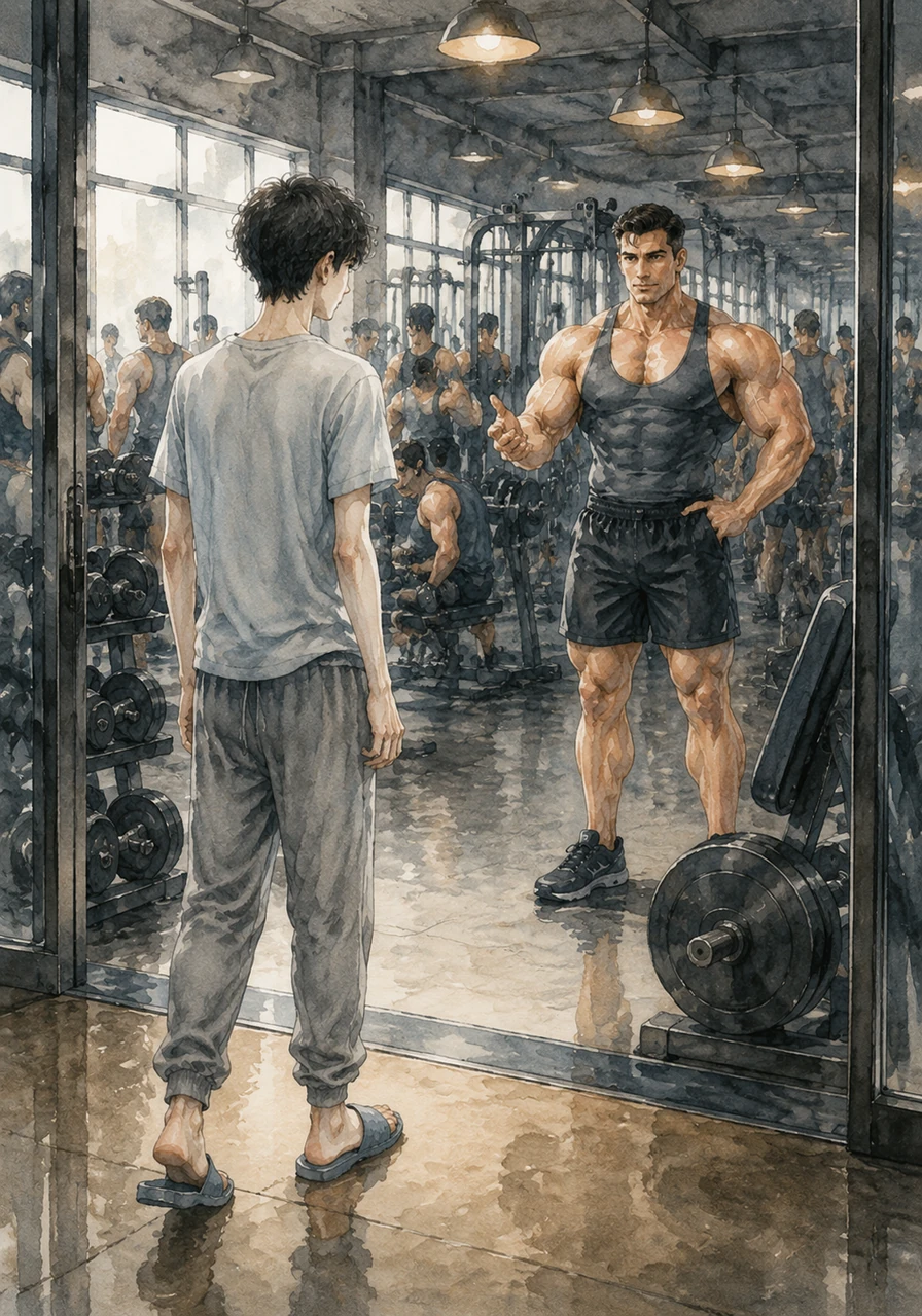 Aryan takes his first trembling step into the local gym, where the loud clanking of heavy iron and the sight of massive machines immediately overwhelm him. He feels small and out of place in the sea of athletes, but his new mentor is there waiting with a steady nod of encouragement.