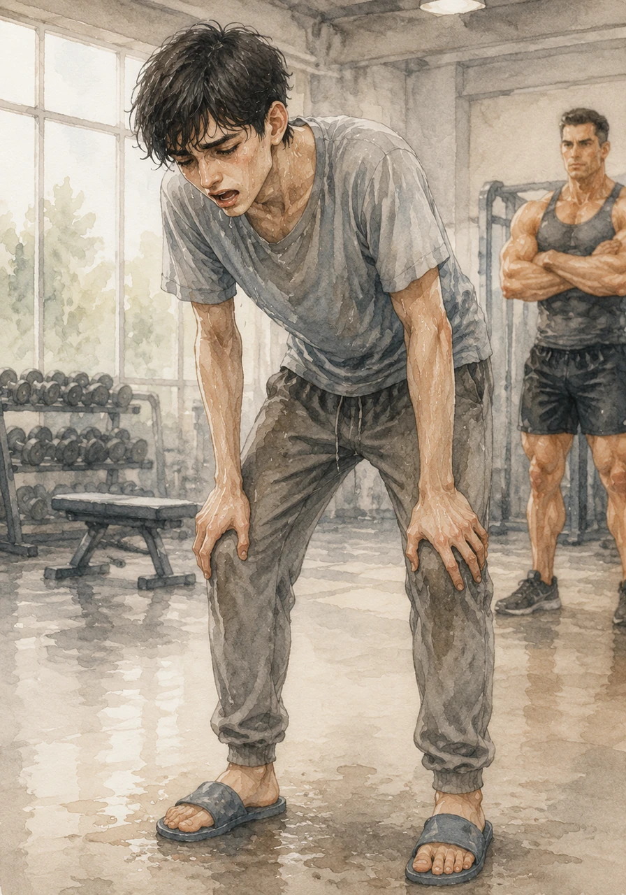 The workout begins with simple jumping jacks, but after only twenty repetitions, Aryan is gasping for air and drenched in sweat. His lungs burn with the effort, and the physical reality of his long-term inactivity hits him much harder than he ever expected.