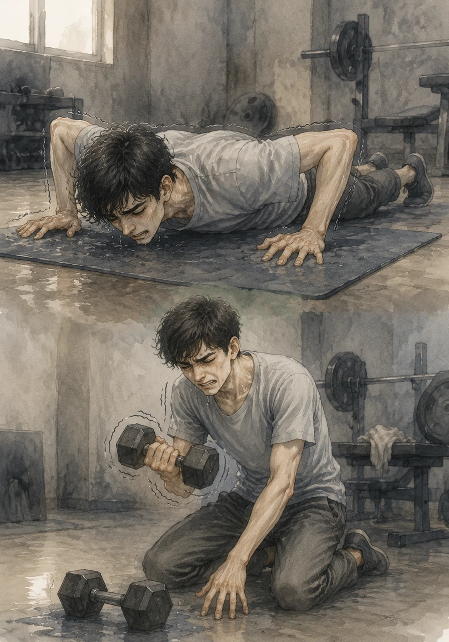 He drops to the floor to attempt a basic pushup, but his arms tremble violently and he collapses to the mat before completing a single repetition. When he tries to lift a small dumbbell, his hands shake so much that he has to set it back down in a moment of sheer frustration.
