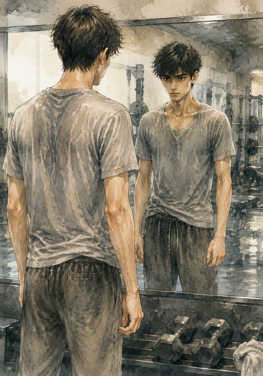 After the grueling session, Aryan stands before the gym mirror once more, his clothes soaked and his muscles aching with a new kind of pain. While his physical body looks exactly the same as it did that morning, his eyes now burn with a newfound spark of determination and purpose.