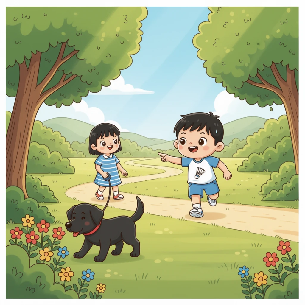 不远处，小雅牵着她那只毛色油亮、身姿矫健的八岁黑色拉布拉多犬小黑，悠闲地散步。小黑好奇地嗅着路边的花草，尾巴轻轻摇摆，显得温顺而忠诚。