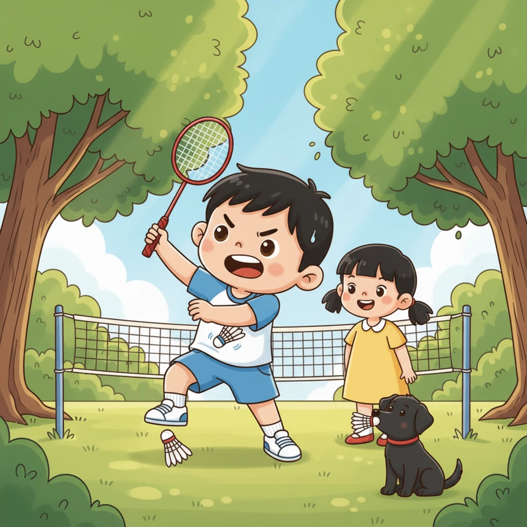 突然，小明一个大力扣杀，羽毛球高高飞起，意外地落在了小黑的脚边。小黑灵巧地叼起球，摇着尾巴跑向小雅，小雅微笑着看向小明。