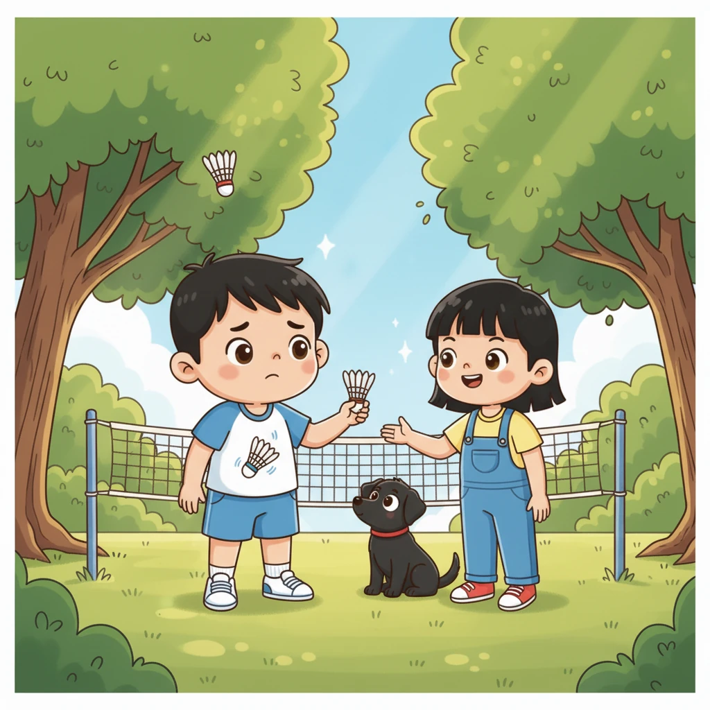 小明连忙走上前道歉，小雅将羽毛球递给他。两人相视一笑，小雅提议一起玩。就这样，小明和小雅在小黑的见证下，开始了他们的第一场双人羽毛球。