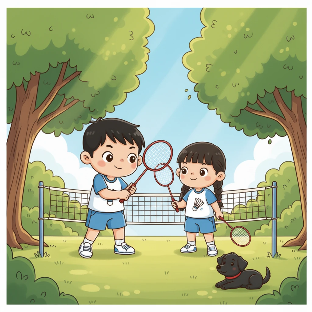 从那天起，公园的羽毛球场成了他们每天的约定之地。小明耐心教导小雅技巧，小雅分享小黑的趣事，他们的笑声和羽毛球的击打声交织在一起。小黑则乖巧地卧在场边，偶尔会为他们捡球。