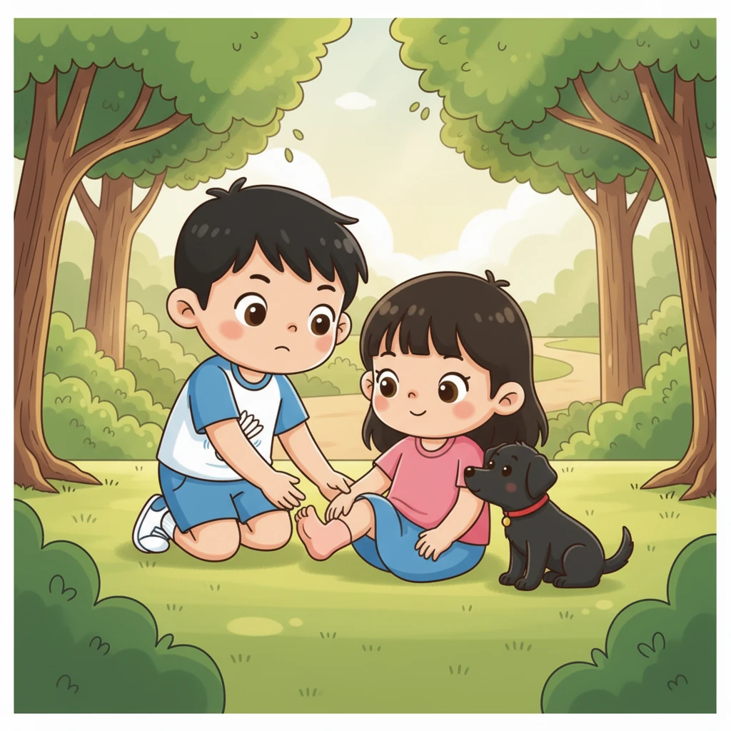 一次，小雅不小心崴了脚，小明紧张地蹲下查看她的伤势。小黑感受到气氛的变化，轻轻地用头蹭了蹭小雅的手，仿佛在安慰她。小明和小雅的目光交汇，那一刻，他们感受到了超越友谊的温暖。