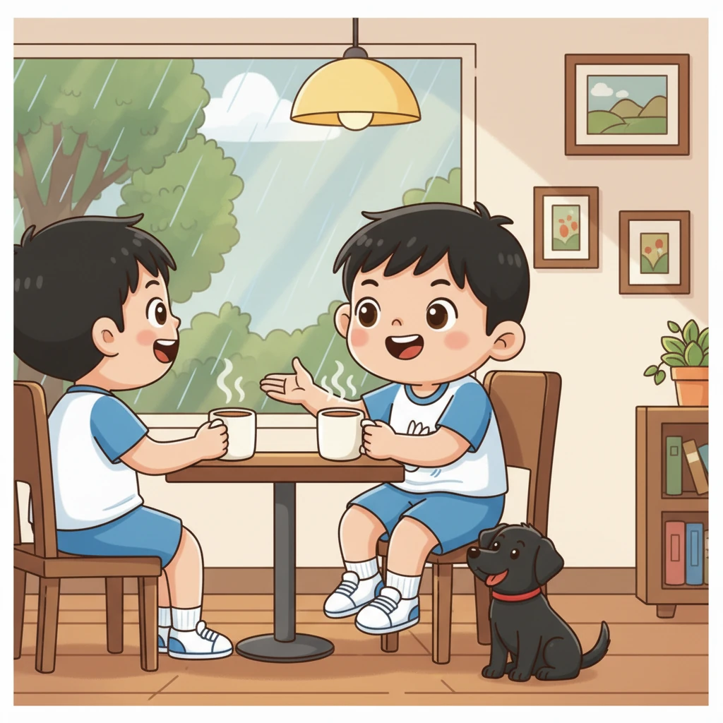 一个细雨蒙蒙的午后，羽毛球场湿滑，无法打球。小明和小雅带着小黑，来到一家温馨的咖啡馆避雨。他们聊着各自的梦想和对未来的憧憬，窗外雨声淅沥，屋内暖意融融。