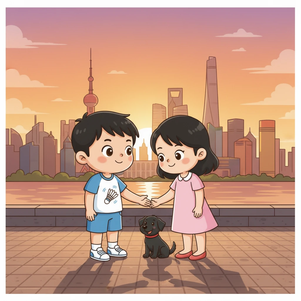 在一次夕阳下的散步后，小明鼓起勇气，邀请小雅去上海著名的外滩共进晚餐。小雅的脸颊泛起红晕，轻声答应，小黑似乎也感受到了这份甜蜜，兴奋地摇着尾巴。