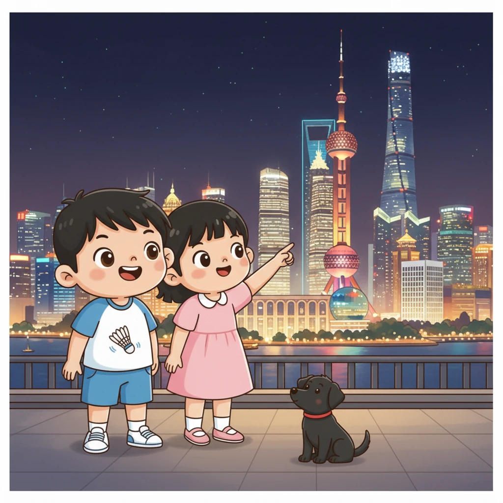 外滩的夜景璀璨迷人，东方明珠塔和高楼大厦灯火辉煌。小明和小雅并肩而立，身后是闪烁的万家灯火，小黑安静地依偎在他们脚边，仿佛见证着这份浪漫的开始。