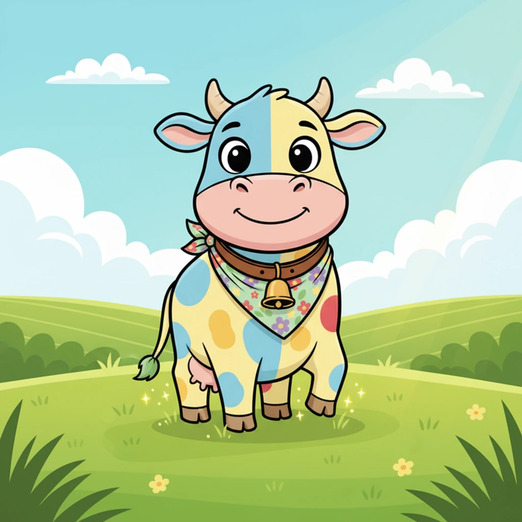 Molly, a kind-hearted cow with a gentle smile, stood in a bright green field. The sun shone down, making the grass sparkle around her big hooves. She loved her peaceful mornings, wandering slowly through the sweet-smelling meadow.