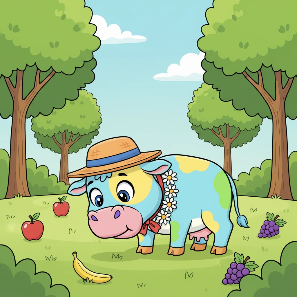 Every day, Molly searched near the tall, leafy trees at the edge of the field. She was looking for sweet, juicy fruits that sometimes tumbled down from the branches. Her nose twitched as she sniffed the ground, hoping for a tasty treat.