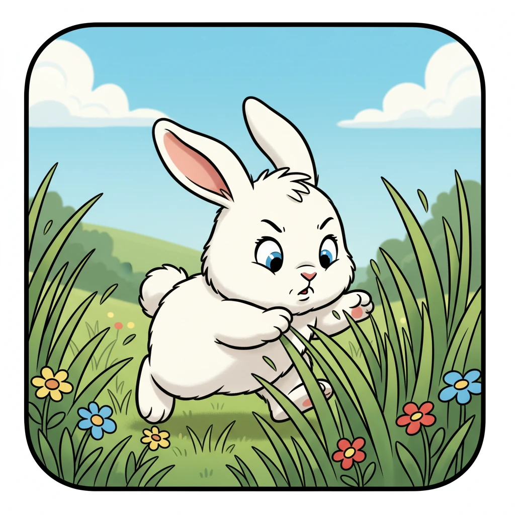 Suddenly, a tiny, frustrated voice grumbled nearby. A small white rabbit named Bunty was hopping furiously, pushing aside blades of grass with his little paws. "Oh dear… where are all the carrots?" he muttered, looking quite perplexed.