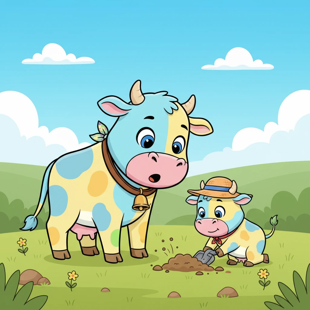 Molly looked down and saw Bunty digging energetically right next to her hoof. She lowered her head gently. "Hello there," Molly said softly, her voice calm and kind. "What are you looking for, little one?"