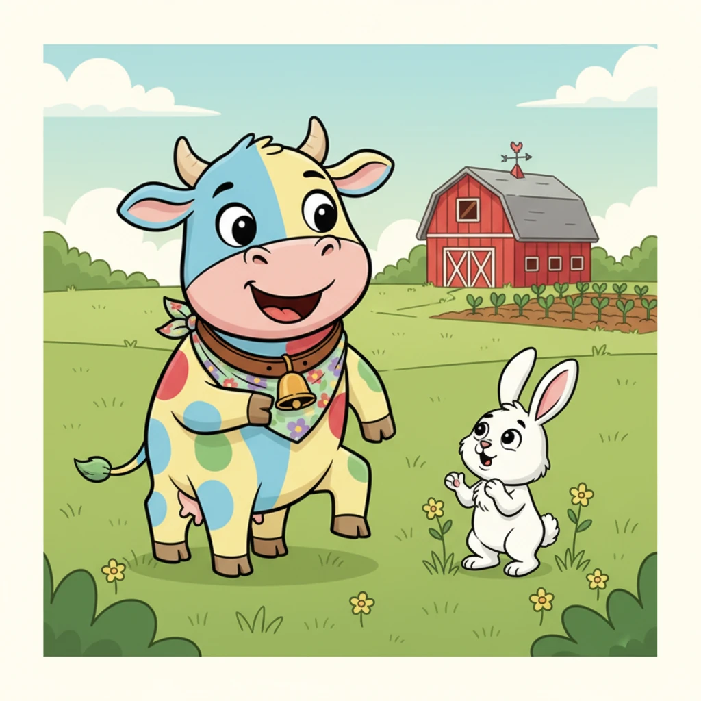 Bunty looked up, surprised, his ears perked high. "I'm searching for carrots!" he explained. "I was sure they grew somewhere in this big field!" Molly chuckled kindly, her big belly jiggling. "Carrots don't grow in open grass like this, little friend. They grow in the farmer's vegetable garden, near the red barn."