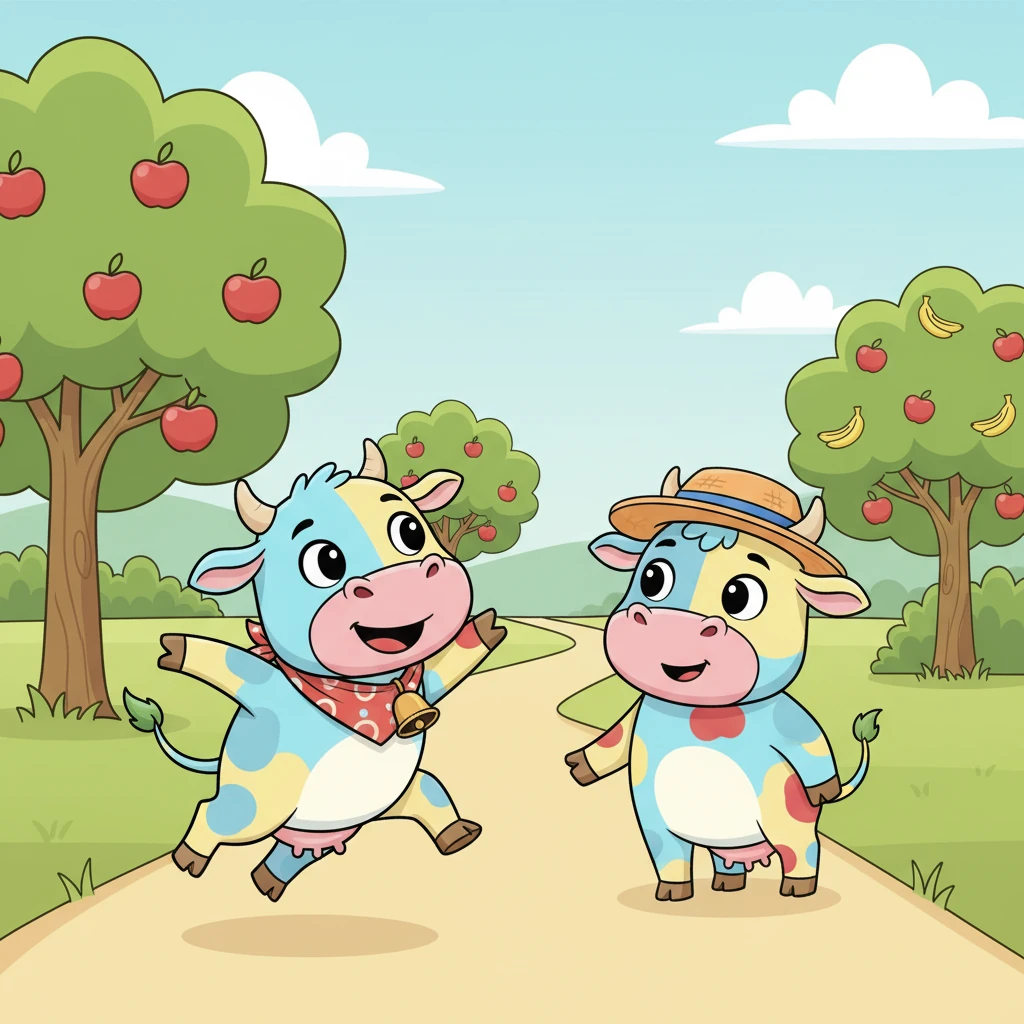 Bunty's eyes widened with wonder. "Really? I didn't know that! I'm new here," he admitted. Molly smiled warmly. "Well, I'm looking for fruits near those trees. Maybe we can help each other?" Bunty's tail wiggled with excitement, and off they went, Bunty hopping quickly ahead and Molly walking slowly behind.