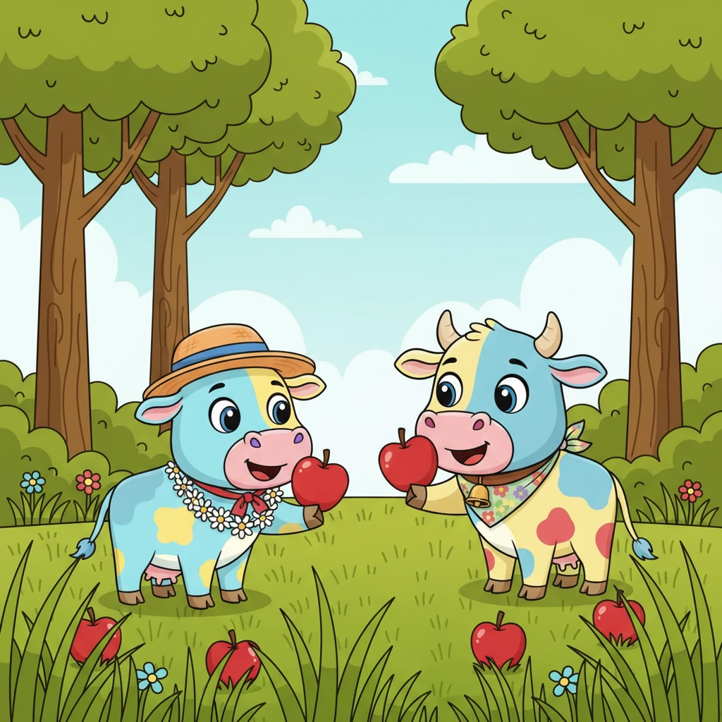 When they reached the tall trees, Bunty, with his quick eyes, spotted some fallen, red apples nestled in the long grass. "I found some fruit for you, Molly!" he cheered, nudging an apple with his nose. "Oh, thank you, Bunty!" Molly said happily, gently nudging one apple back towards him. "And now, I'll take you to the vegetable garden!"