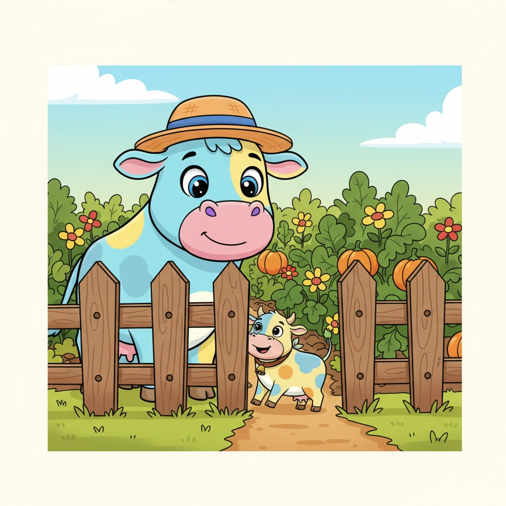 They journeyed together until they arrived at the farmer's garden, a vibrant patch of green and orange. Molly stood patiently by the rustic wooden fence, too big to go inside. Bunty, however, was small enough to squeeze through a tiny gap at the bottom, disappearing into the leafy rows.