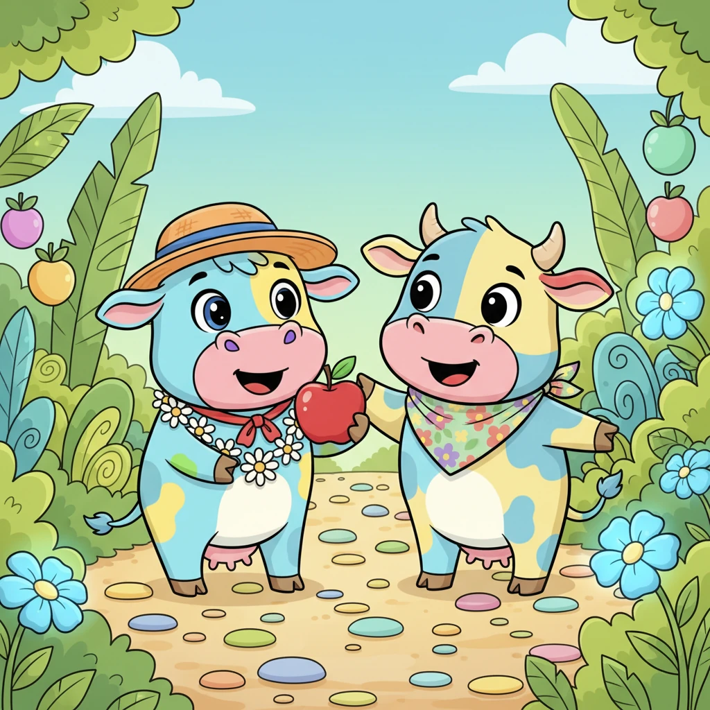 From that day on, Molly and Bunty became the very best of friends, always together. Molly would share the sweetest fruits she found, and Bunty would show her the best spots in the garden. They walked side by side, searching, sharing, and smiling, proving that even very different friends can help each other and make life a wonderful adventure.