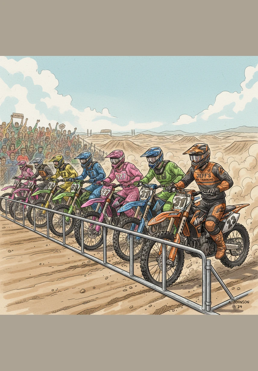 The heavy metal gates of the motocross track slam down with a thunderous bang, echoing across the dirt. Jack revs his engine, his eyes fixed on the horizon as the most important race of his life begins.