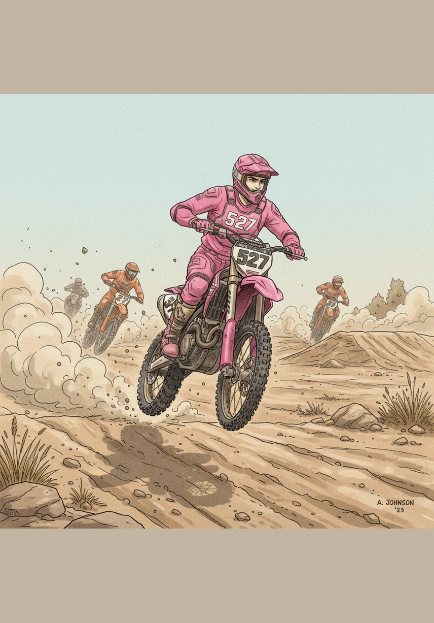 The pack of riders surges forward in a chaotic cloud of dust and exhaust fumes. Jack is flying across the bumpy terrain, but he realizes with a sinking feeling that the other racers are pulling ahead of him.