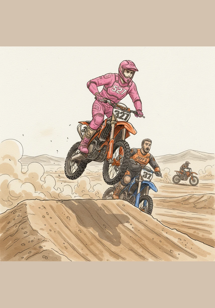 Jack stands out from the rest of the muddy field in his vibrant pink racing outfit and matching CRF450 bike. His number 527 flashes under the bright stadium lights as he tries to weave through the dense crowd of competitors.
