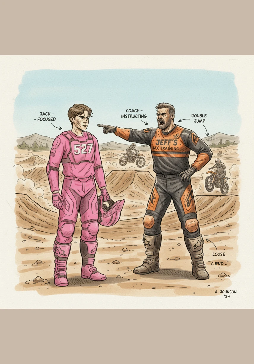 The track ahead is a wall of spinning tires and flying dirt, making it impossible for Jack to see the leaders. He feels trapped behind a humungous pack of bikes, searching desperately for a way to break through.