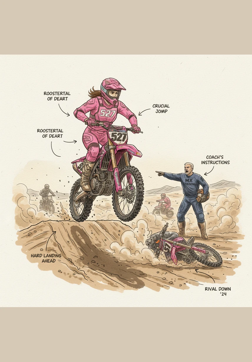 The situation turns dire as Jack slips further back into the rankings until he is trailing in dead last. Despite the overwhelming odds, he refuses to give up, his hands gripping the handlebars with iron determination.