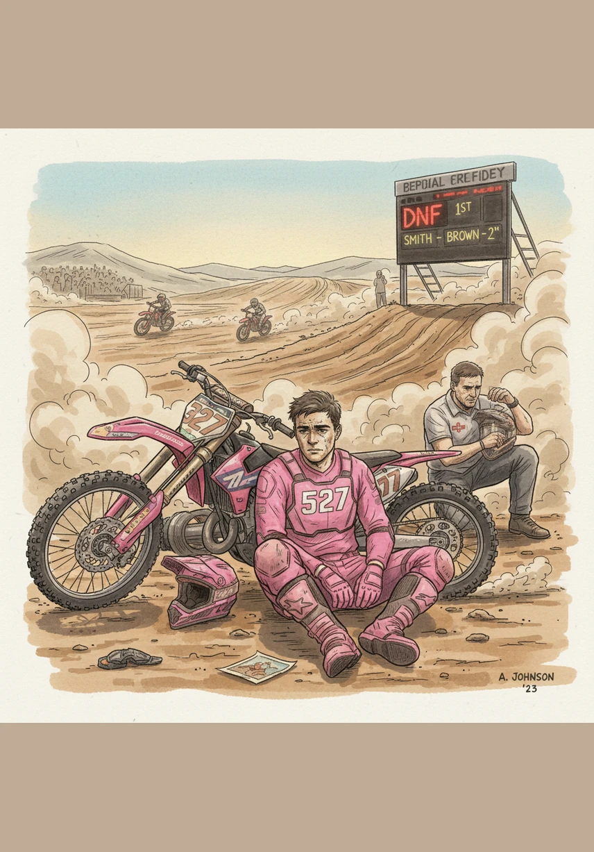 Just when things couldn't get worse, Jack's engine sputters and stalls in the middle of the big finals. He sits alone at the back of the track, watching the distant lights of the other riders as they pull further away.