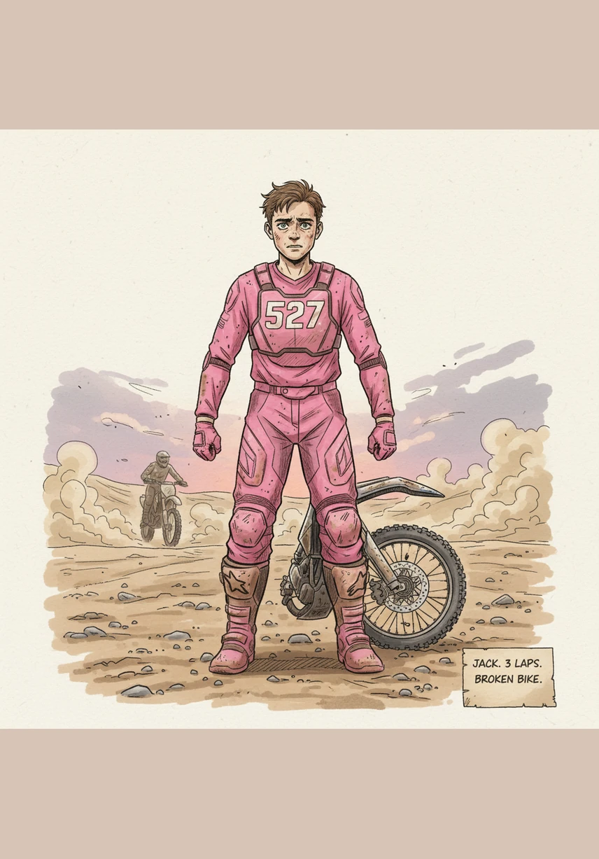 Suddenly, a surge of mysterious energy pulses through Jack as he kicks his bike back to life. He spots a tiny opening in the dirt and guns the engine, beginning a miraculous and lightning-fast charge toward the front.