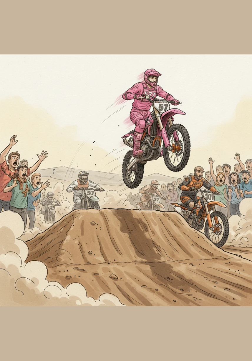 In a blur of pink and chrome, Jack incredibly rockets past the entire field to take the lead. He launches himself off a humungous jump, soaring high into the air like a bird as the crowd gasps in disbelief.