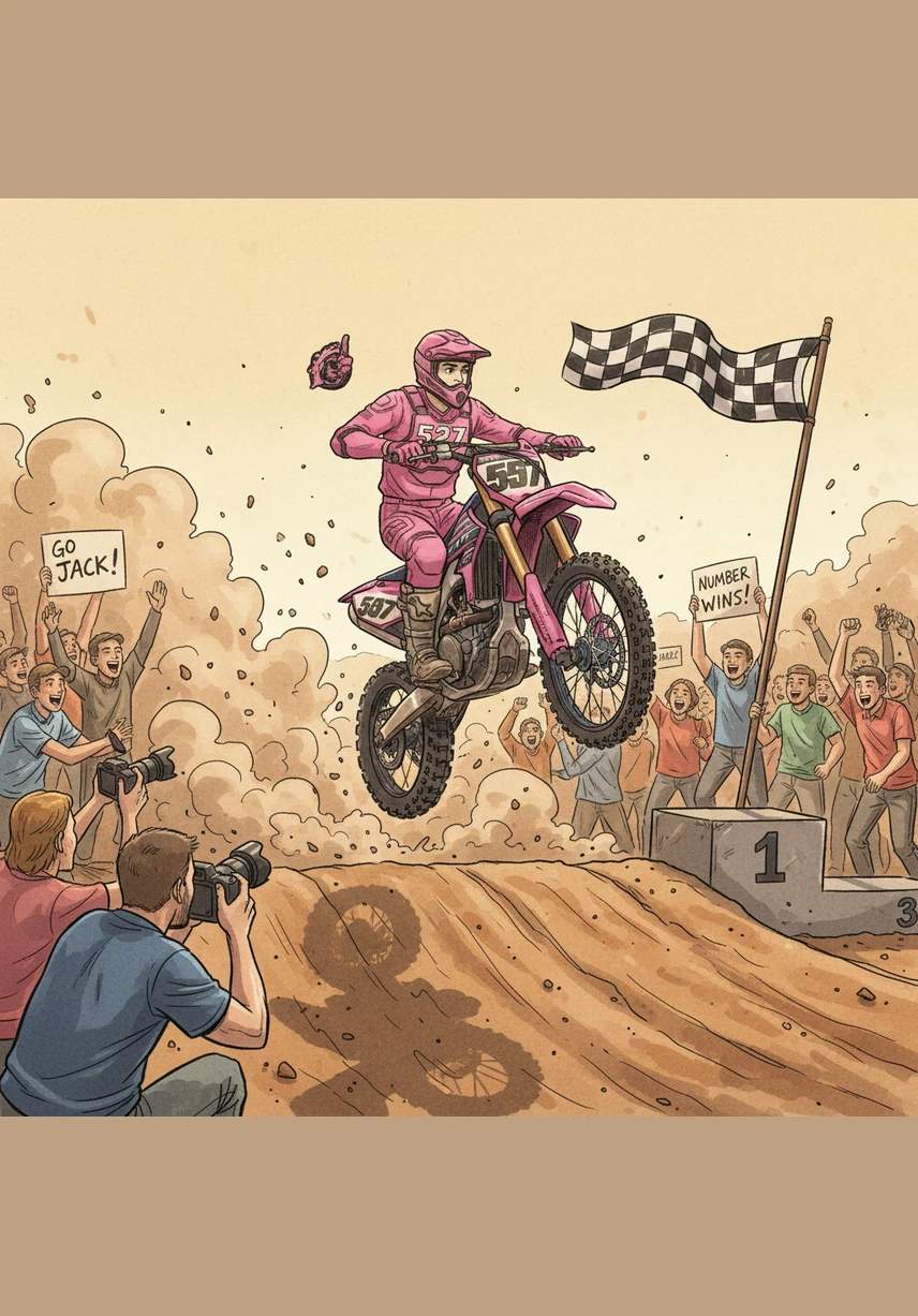 As Jack crosses the finish line for a spectacular victory, he flashes a wide smile that reveals a pair of sharp vampire fangs. To his surprise, the crowd cheers even louder, happy to celebrate their unique and supernatural champion.