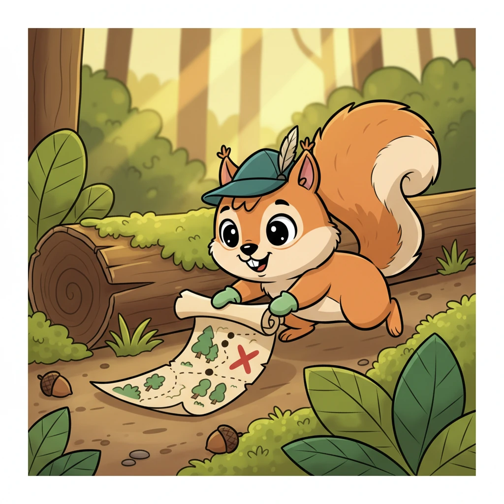 Pip, a tiny squirrel with a fluffy tail and bright, curious eyes, scampers through the sun-dappled forest. He spots a peculiar rolled-up scroll tucked beneath a mossy log. With a quick flick of his nose, he unrolls it to reveal an old, crinkled map, adorned with whimsical drawings of trees and a big red 'X'.