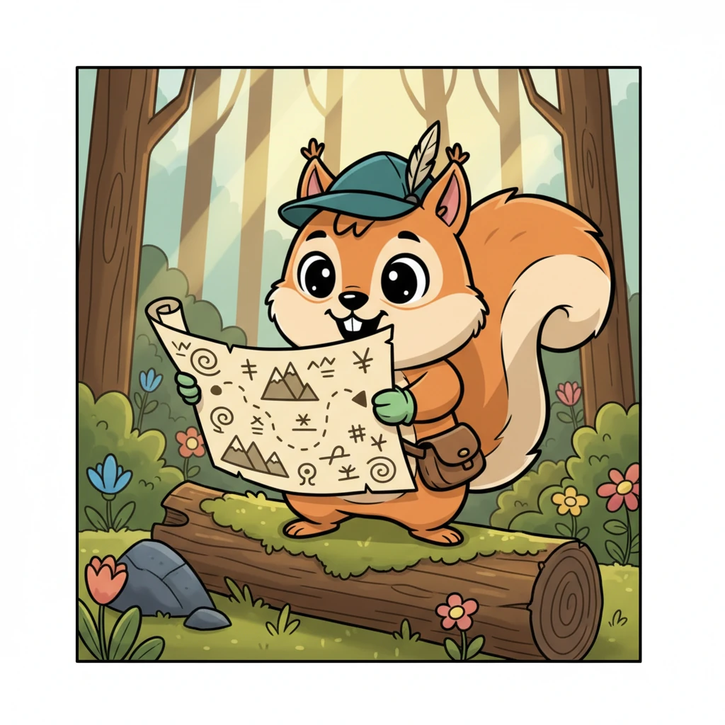 Pip's small face lights up with sheer delight and wonder. His cheeks puff out slightly as he studies the mysterious map, his tiny paws tracing the dotted lines and cryptic symbols. A mischievous twinkle dances in his expressive eyes, a clear sign of an exciting adventure about to begin.