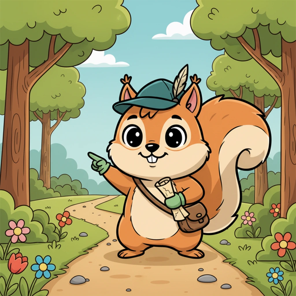 Clutching the treasure map tightly, Pip strikes a determined pose, ready for his grand adventure. He points his little nose towards the horizon, his tail twitching with anticipation. The forest path stretches before him, inviting him deeper into its enchanting depths.