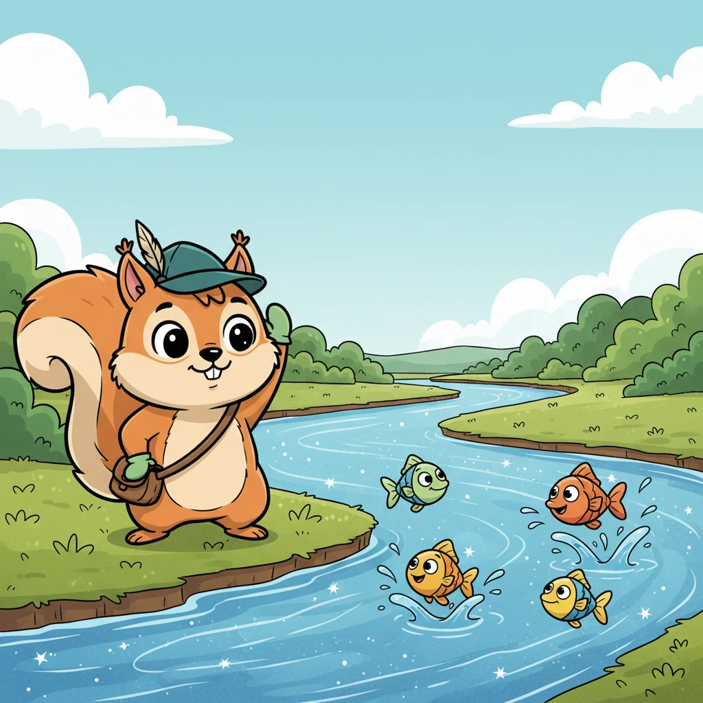Pip soon encounters a sparkling, winding river, too wide for him to leap across. He stands at the bank, scratching his head thoughtfully, a little perplexed but still full of resolve. Playful fish leap from the water, as if teasing him with their easy movement.