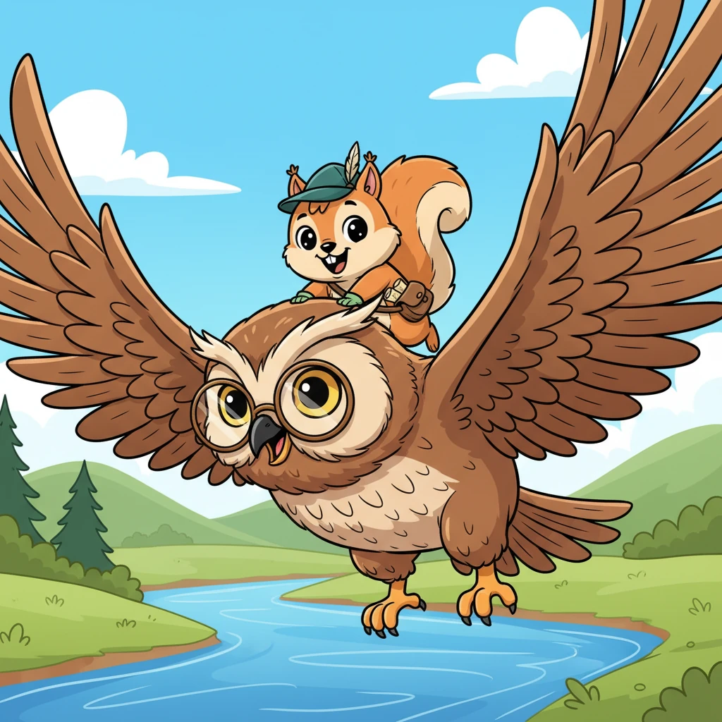 Just as Pip wonders what to do, a wise old owl named Ollie swoops down, hooting softly. Ollie, with his grand wings and spectacles perched on his nose, offers Pip a ride across the river. Pip clutches Ollie's back, a joyful grin on his face as they soar over the water.