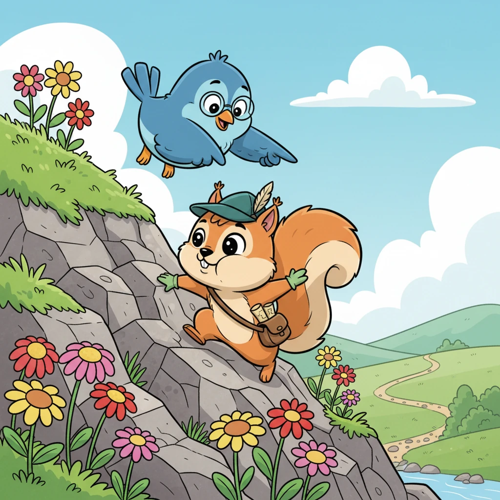 After crossing the river, Pip and Ollie face a steep, rocky hill adorned with colorful wildflowers. Pip scrambles up, using his nimble paws, while Ollie guides him from above. Their teamwork is evident as they conquer the challenging incline together, huffing and puffing.