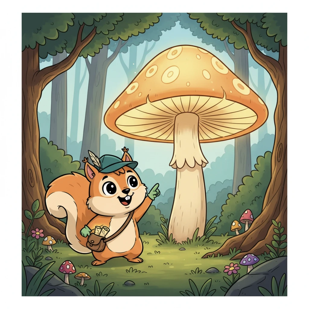 Following the map's next clue, they discover a magnificent, giant mushroom with a glowing cap, nestled deep in a clearing. It's even bigger than Ollie, providing a perfect landmark. Pip excitedly points to the mushroom, confirming they are on the right track.