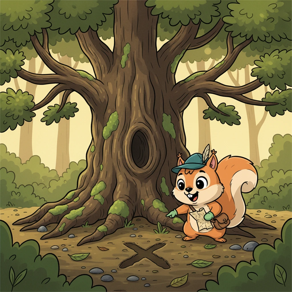 Finally, after much adventuring, they arrive at an ancient, gnarled oak tree, its branches reaching like welcoming arms. Beneath its roots, a distinct 'X' is etched into the ground, just as shown on Pip's map. Their hearts pound with excitement, knowing they've found the spot.
