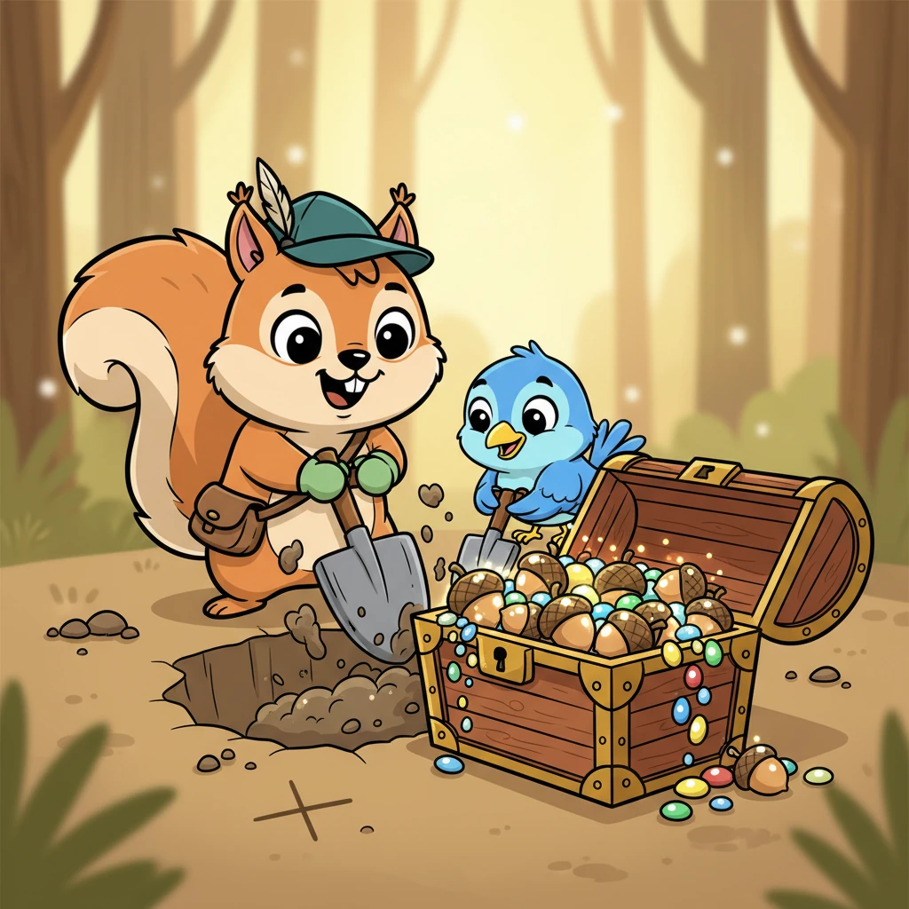 With eager paws and beaks, Pip and Ollie begin to dig at the 'X' mark. Dirt flies, and soon, they uncover a magnificent, sparkling chest filled not with gold, but with the most delicious, glistening acorns and shiny, colorful pebbles. It's a treasure beyond their wildest dreams!