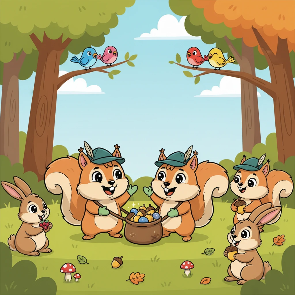 Pip and Ollie, beaming with pride, share their incredible acorn and pebble treasure with all their forest friends. Squirrels, rabbits, and birds gather around, chattering with delight and enjoying the delicious feast. It's a joyous celebration of friendship, adventure, and discovery, with everyone happy and full.