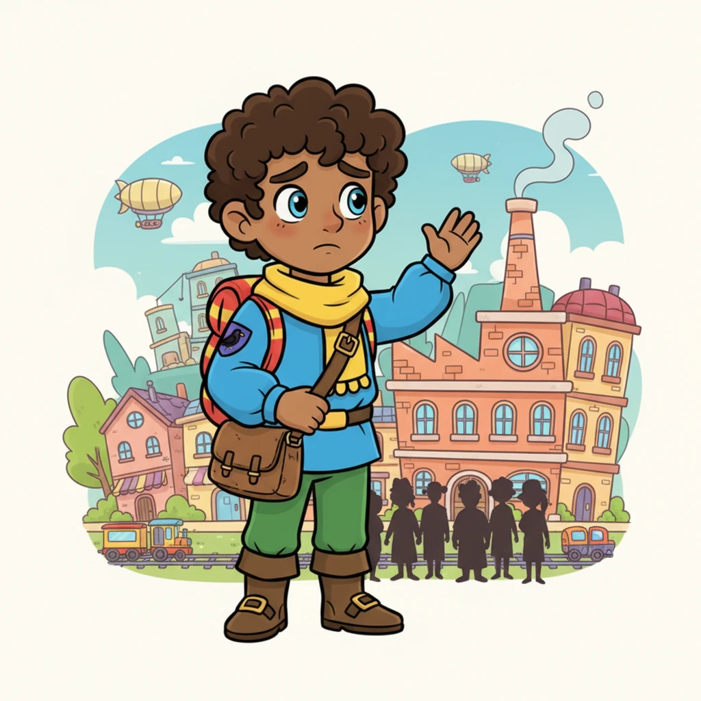 Elias, a gentle young man with a kind smile, stands at the edge of a bustling, colorful city. Behind him, a large, friendly-looking factory building has a small wisp of smoke curling from its chimney, but no flames. He clutches a small, worn satchel, his eyes filled with a mix of sadness and quiet determination as he waves goodbye to a silhouette of the city, feeling misunderstood.