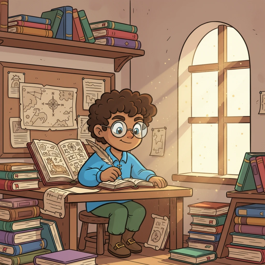 Years pass, and Elias is now in a cozy, book-filled room, surrounded by stacks of colorful books and ancient-looking maps. He wears spectacles perched on his nose, diligently studying and taking notes in a small journal. Sunlight streams through a window, illuminating dust motes dancing in the air, showing his quiet transformation.