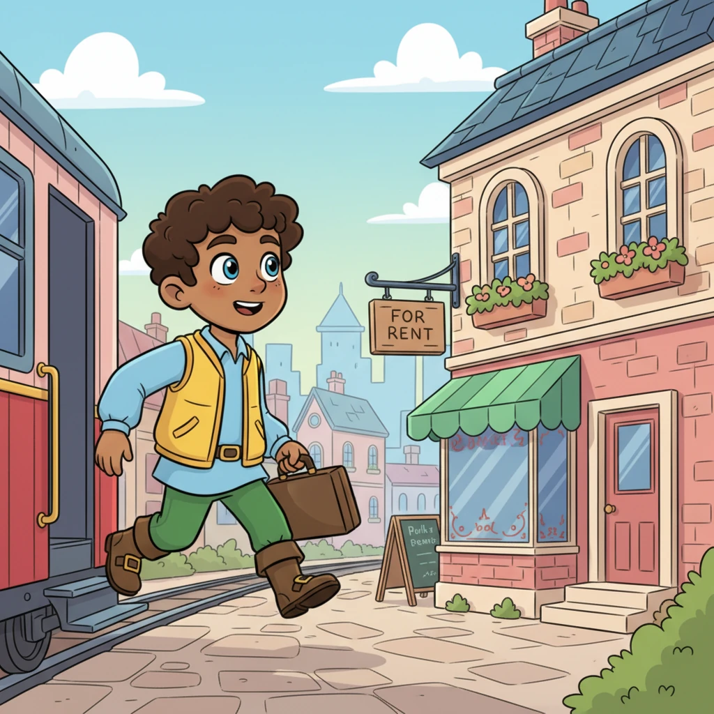 A slightly older, more confident Elias, with neatly trimmed hair and a bright new vest, steps off a cheerful train in the same city. He carries a small briefcase and a determined twinkle in his eye. He looks up at a cozy, pastel-colored building with a "For Rent" sign above a happily closed bakery, ready to begin his new chapter.