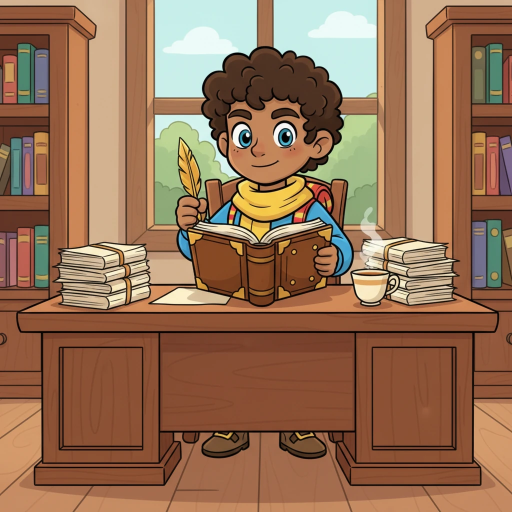 Inside his neat little office, Elias sits at a large wooden desk, surrounded by organized stacks of documents and a steaming cup of tea. He opens a magnificent, leather-bound ledger with a golden quill in hand, ready to begin writing. The ledger's pages are pristine, waiting to be filled with the careful truths he will uncover.