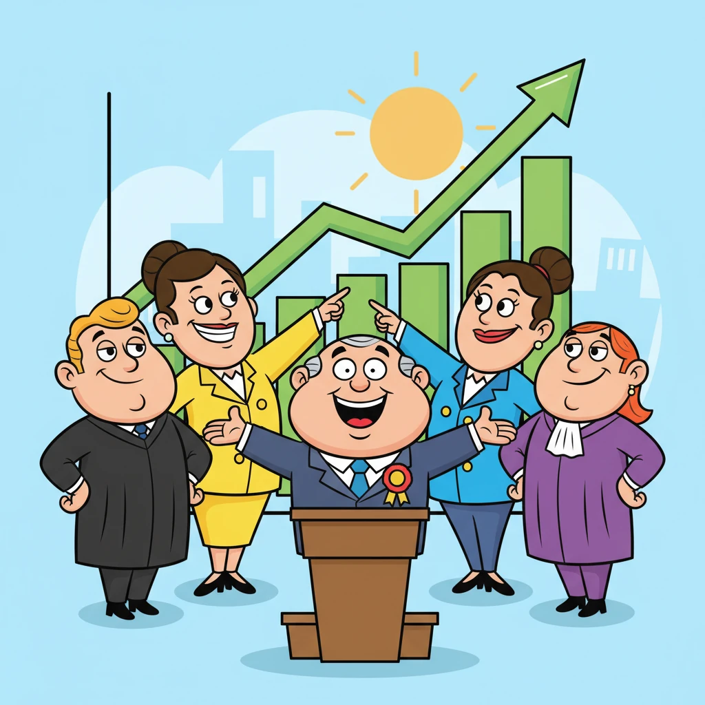 Five wonderfully exaggerated, slightly puffed-up figures, dressed in colorful, important-looking clothes, are shown in various powerful poses. One, a senator, is giving a big, theatrical speech. Another, a CEO, is proudly pointing at a giant, gleaming chart. They all look confident and a little too pleased with themselves.