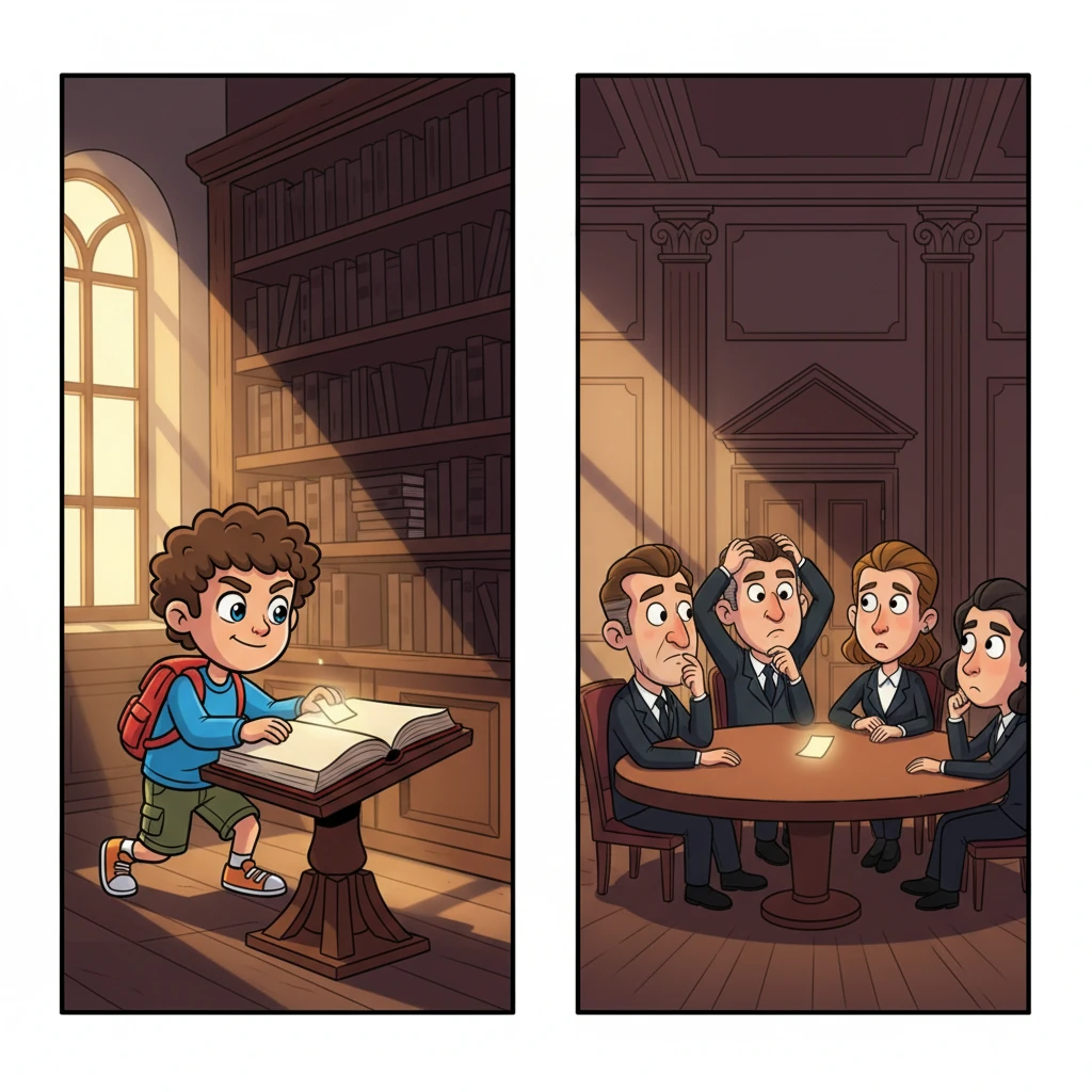 Elias, hidden in the shadows of a grand library, carefully slips a small, anonymous note into a book for a curious journalist to find. In another panel, a tiny, glowing memo floats discreetly into a crowded meeting room. The powerful five characters suddenly look a little confused, scratching their heads, wondering where these little truths are coming from.